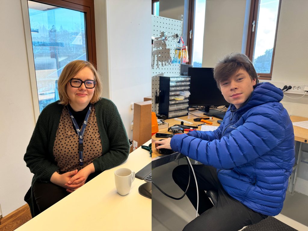 a collage of a man and a woman sitting at a desk