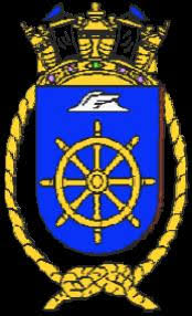 a blue shield with a steering wheel